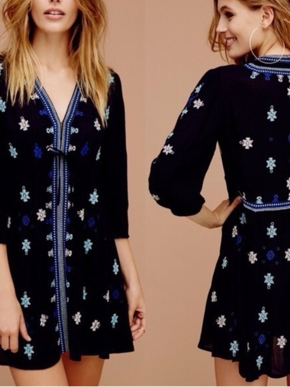 Free People Star Gazer Embroidered Tunic Dress Size M